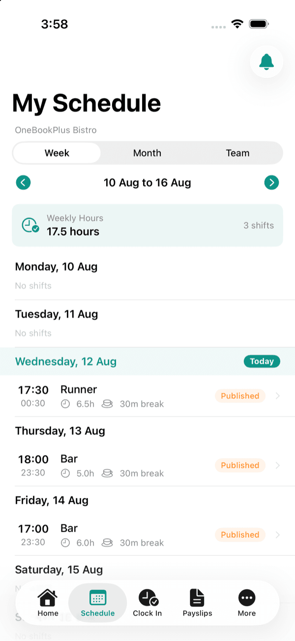 The roster screen in OneBookPlus Staff, showing shifts laid out by day