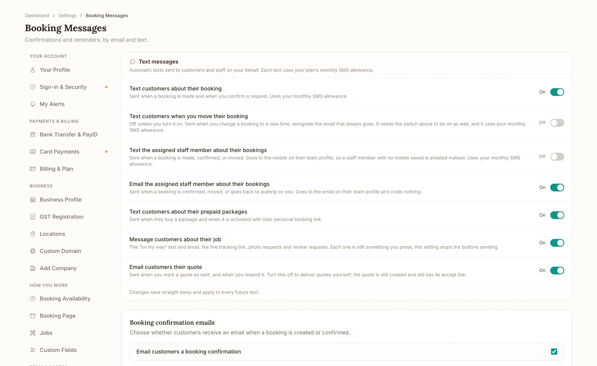 Booking messages: the text message switches, on for texting customers about their booking, emailing the assigned staff member, prepaid packages, job messages and emailing quotes, off for move texts and staff texts, then the booking confirmation emails section with its checkbox ticked.