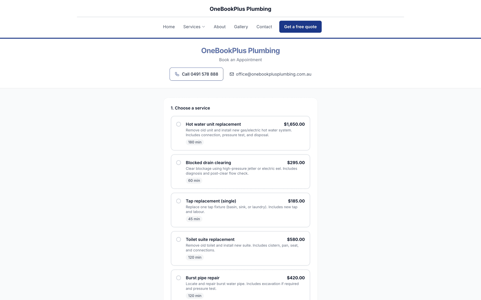 The public booking page for OneBookPlus Plumbing under its own site header: Book an Appointment, the call and email buttons, and step 1, Choose a service, listing hot water unit replacement, blocked drain clearing, tap replacement, toilet suite replacement and burst pipe repair, each with its price and duration.