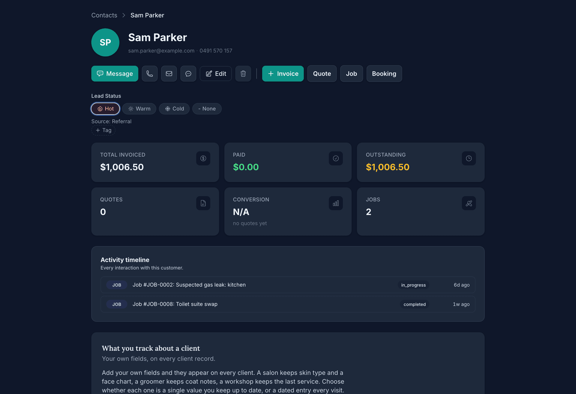 A customer record for Sam Parker: Message, Edit, Invoice, Quote, Job and Booking actions, the Hot lead status, $1,006.50 invoiced and outstanding, 2 jobs, and the activity timeline with a gas leak job in progress and the completed toilet suite swap.