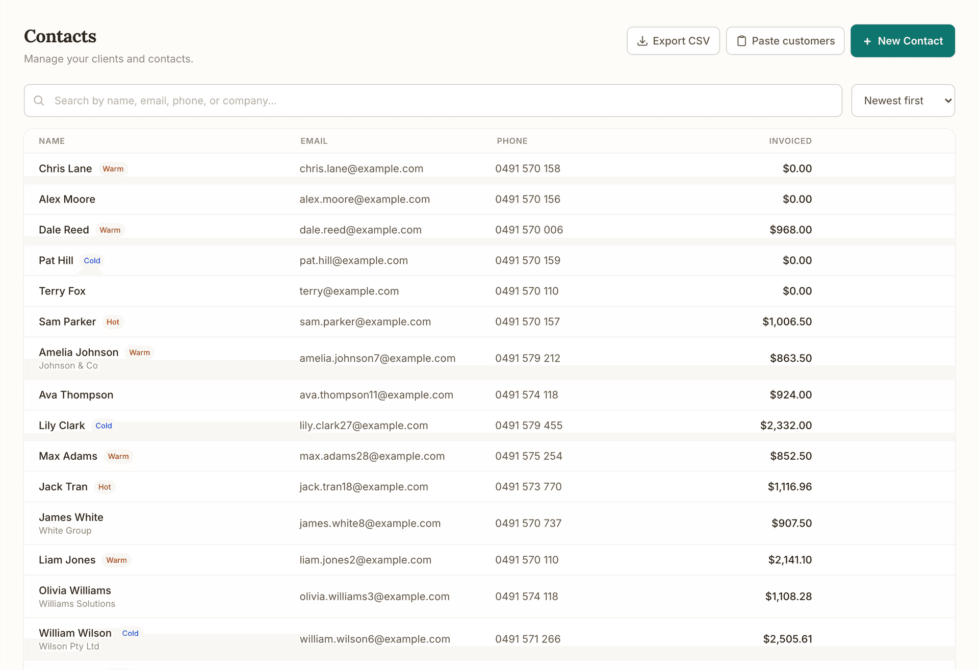 The contacts list: each person's name with a Hot, Warm or Cold tag, email, phone and the amount invoiced, with search and a Newest first sort.