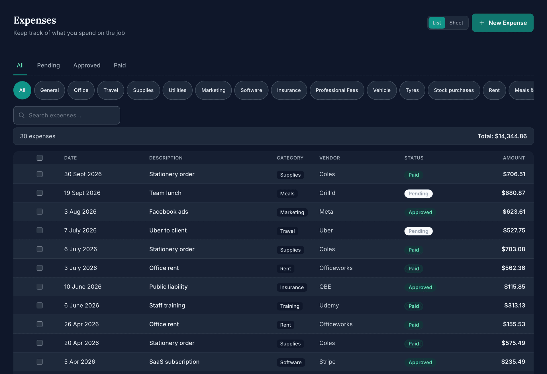 The expenses list for OneBookPlus Plumbing: date, description, category, vendor, status and amount on every row, filter chips by category across the top and the total of all 30 expenses.