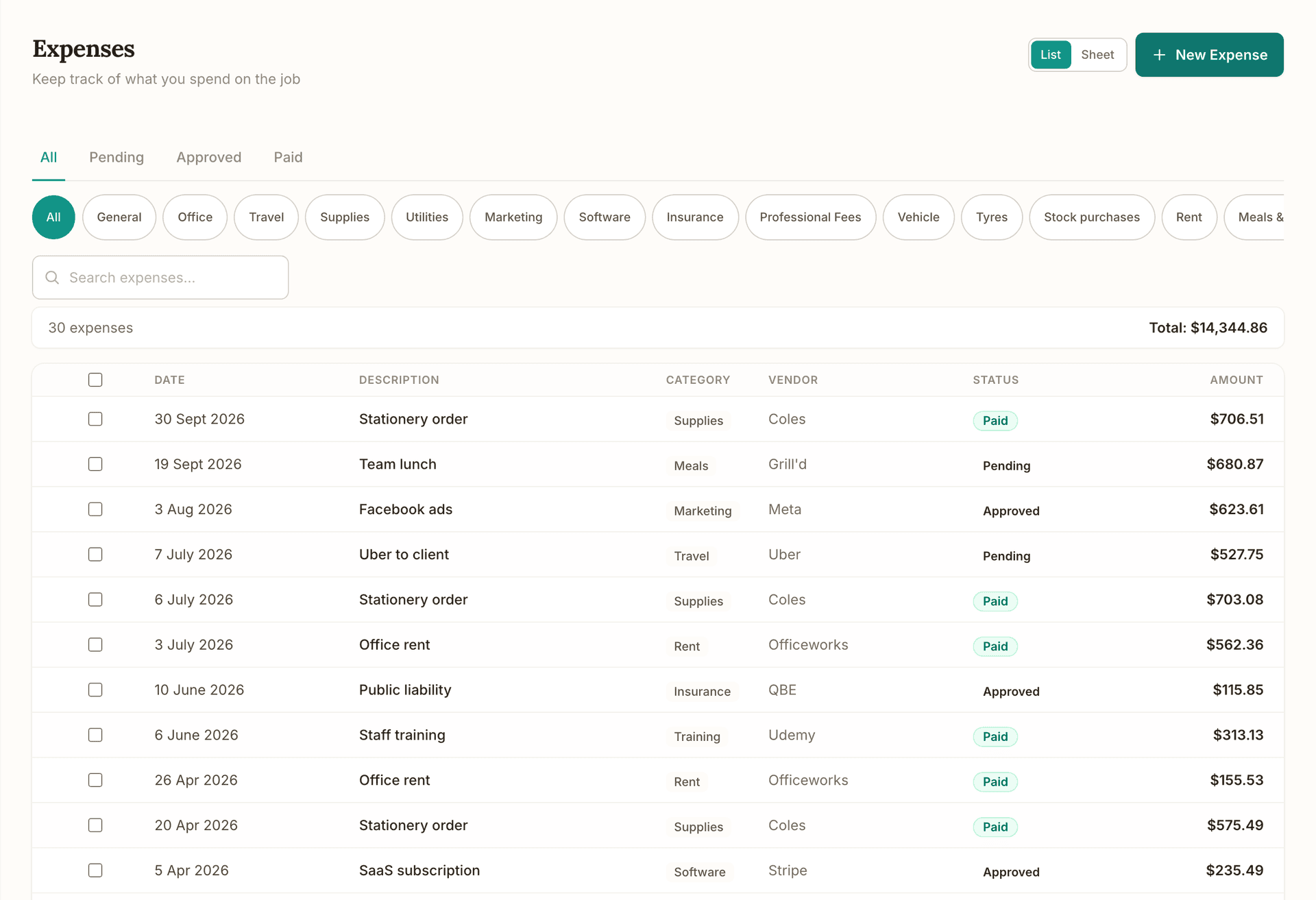 The expenses list for OneBookPlus Plumbing: date, description, category, vendor, status and amount on every row, filter chips by category across the top and the total of all 30 expenses.