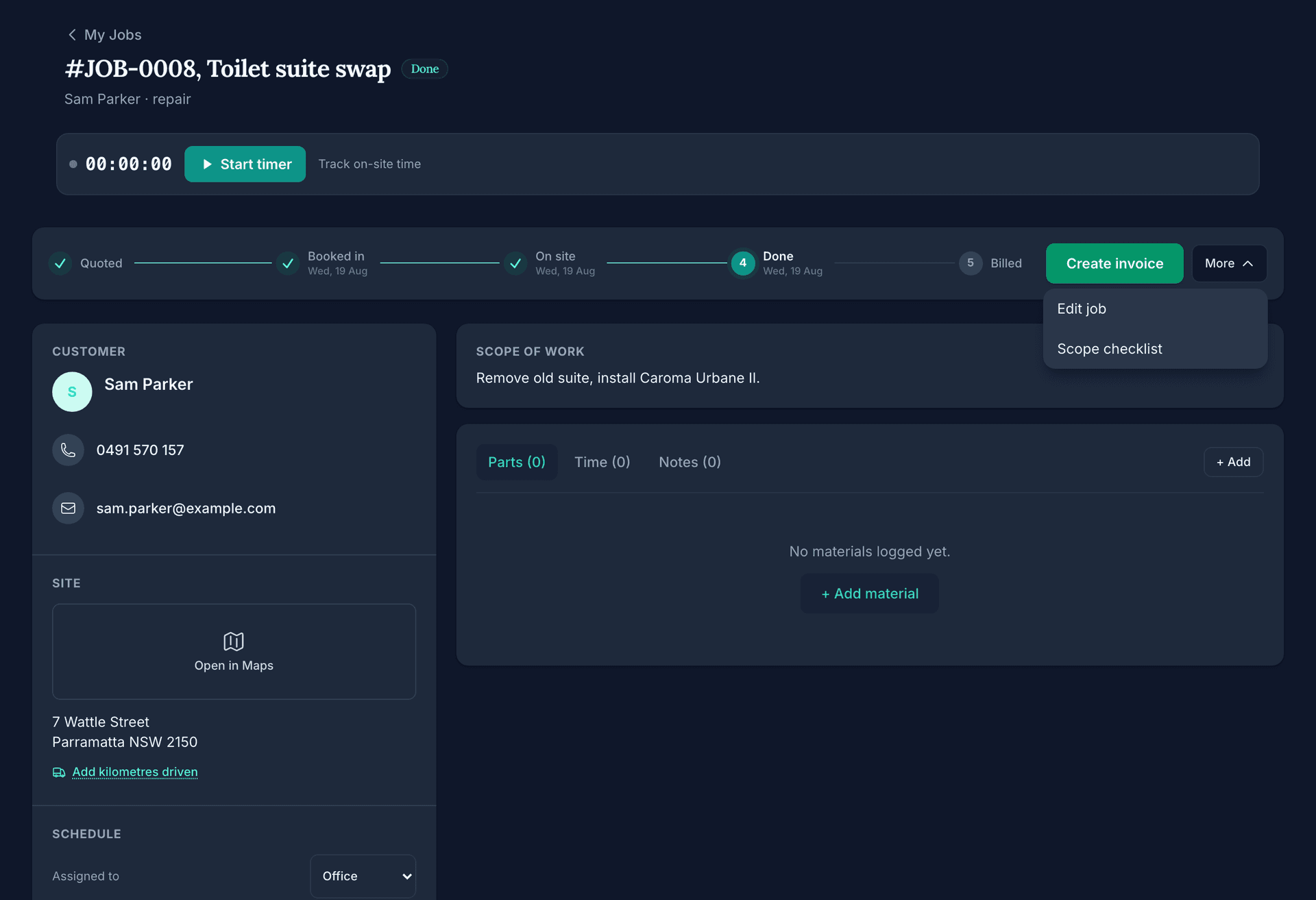 The same finished job, JOB-0008 Toilet suite swap, with its More menu open beside the Create invoice button: Edit job and Scope checklist, over the customer's phone and email, the scope of work and the Parts, Time and Notes tabs.