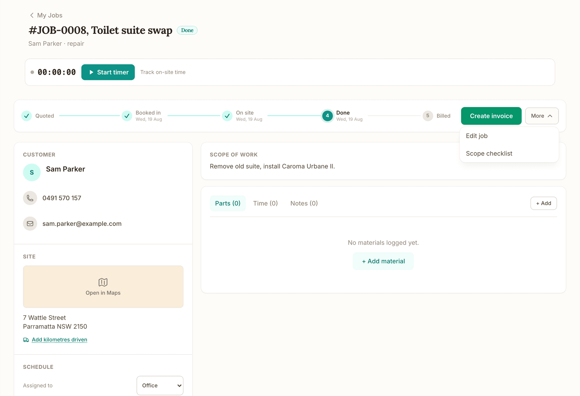 The same finished job, JOB-0008 Toilet suite swap, with its More menu open beside the Create invoice button: Edit job and Scope checklist, over the customer's phone and email, the scope of work and the Parts, Time and Notes tabs.