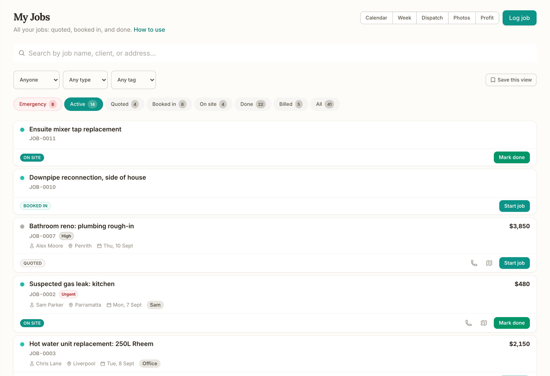 The jobs list: the Calendar, Week, Dispatch, Photos and Profit views, status chips with counts, and each job's number, customer, suburb, day and crew member with a Start job or Mark done button.