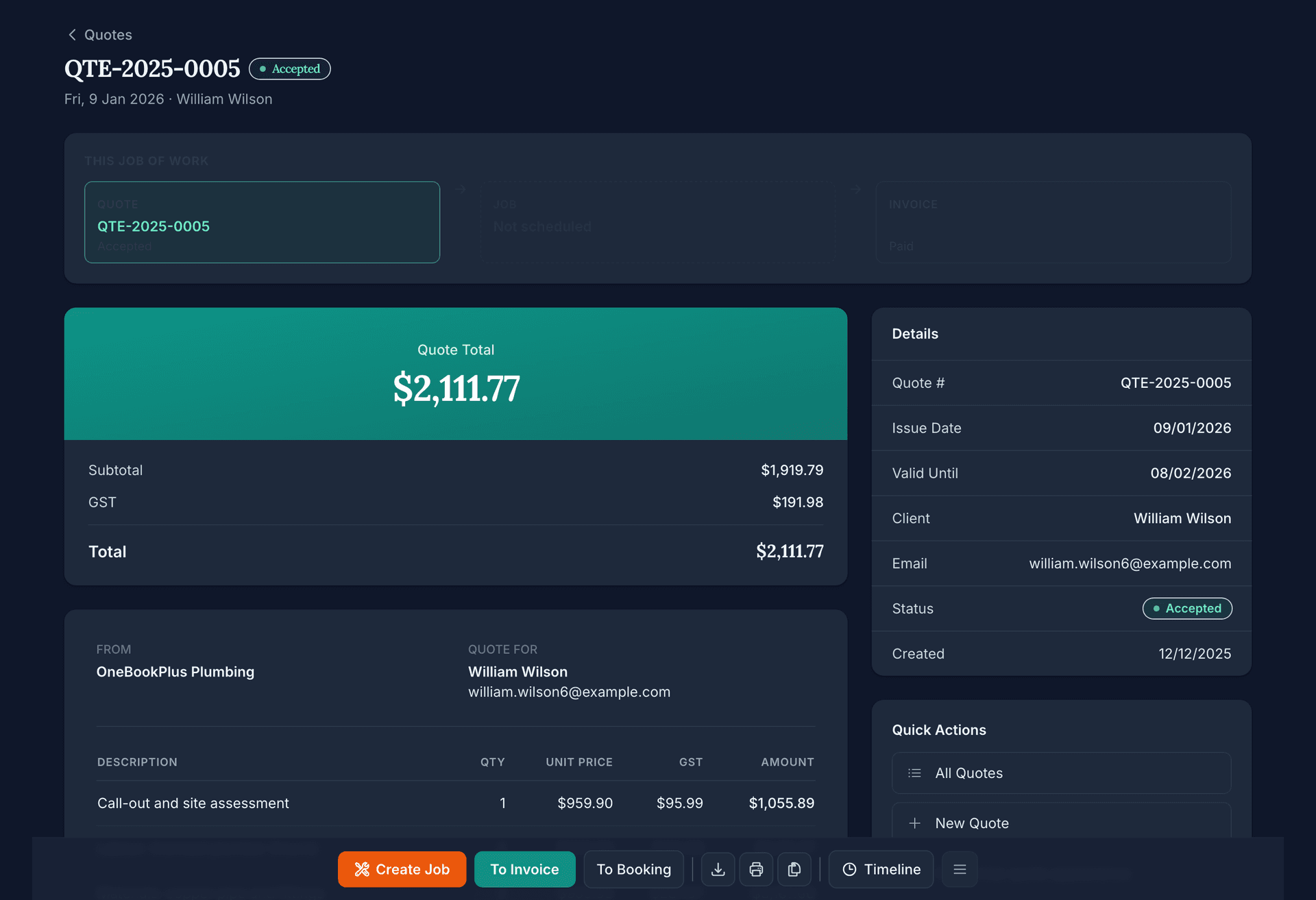 An accepted quote, QTE-2025-0005 for William Wilson, with the job-of-work strip linking it to its invoice, the quote total with GST and the Create Job, To Invoice and To Booking actions.
