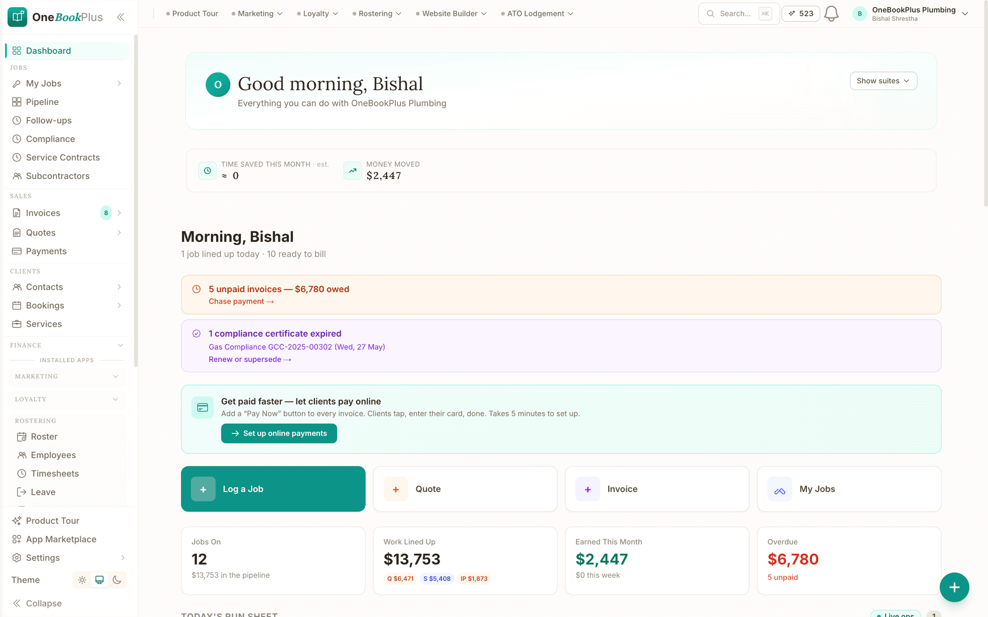 Business dashboard in the OneBookPlus web app