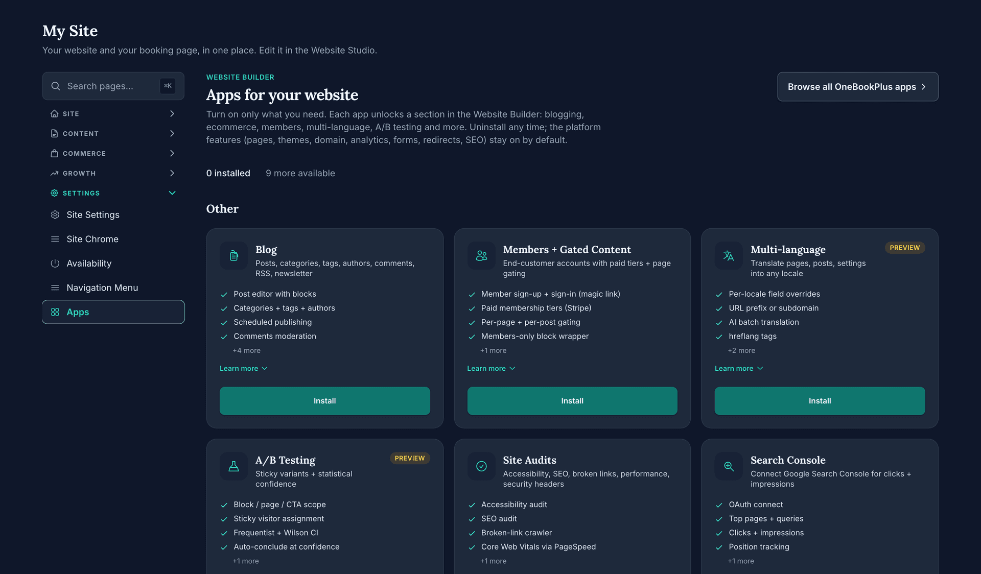 My Site, Apps for your website: the Blog, Members + Gated Content, Multi-language, A/B Testing, Site Audits and Search Console cards, each with four of its features ticked, a Learn more link and an Install button.
