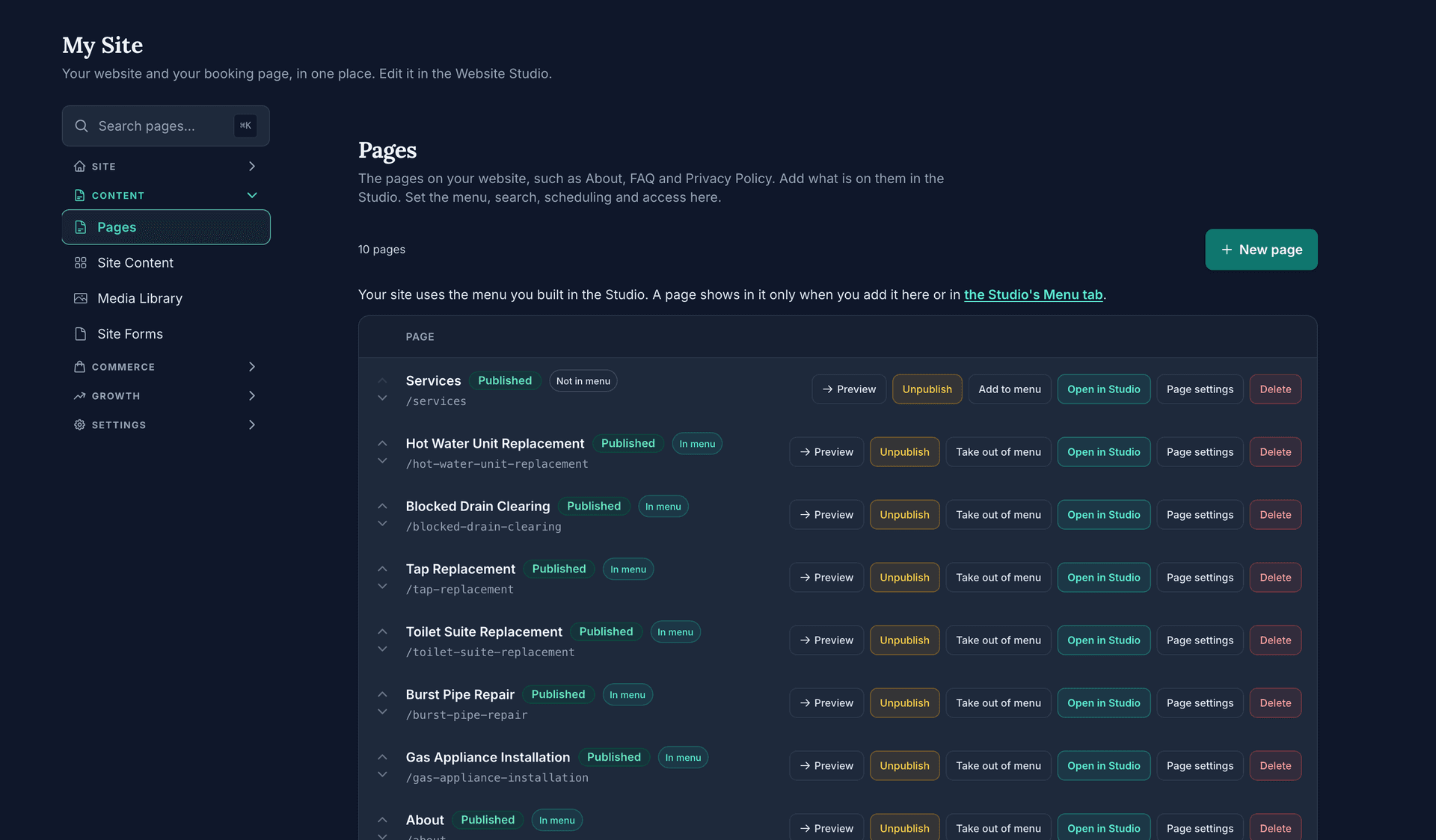 My Site, Pages: 10 pages, the New page button, and each page with its Published tag, whether it is in the menu, its address, and the Preview, Unpublish, menu, Open in Studio, Page settings and Delete actions.