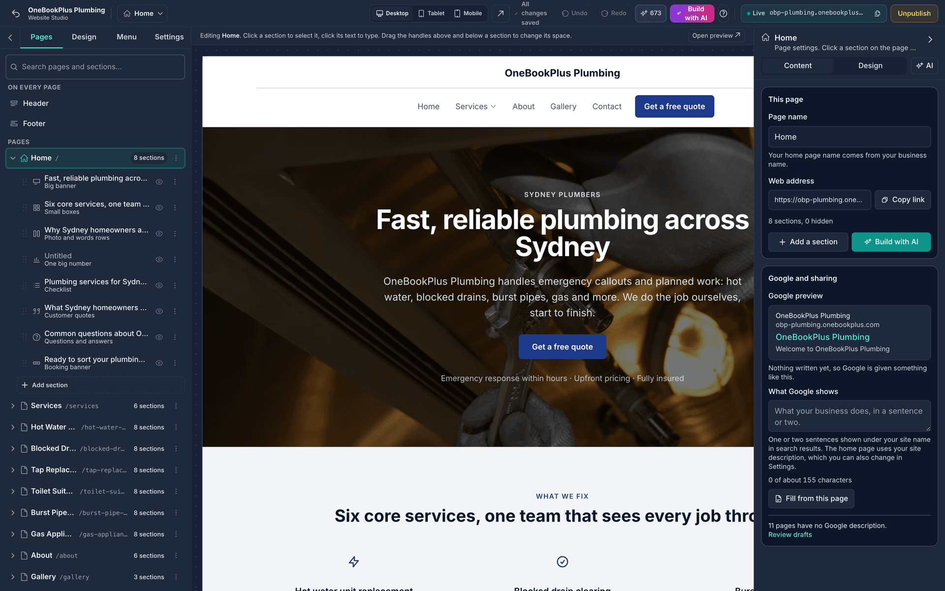 The Website Studio with the OneBookPlus Plumbing site open: the Home page switcher, Desktop, Tablet and Mobile views, Undo and Redo, Build with AI, the live address and Unpublish across the top, the Pages rail listing the home page's 8 sections and the other pages on the left, the home page hero on the canvas, and the page settings with the Google preview on the right.