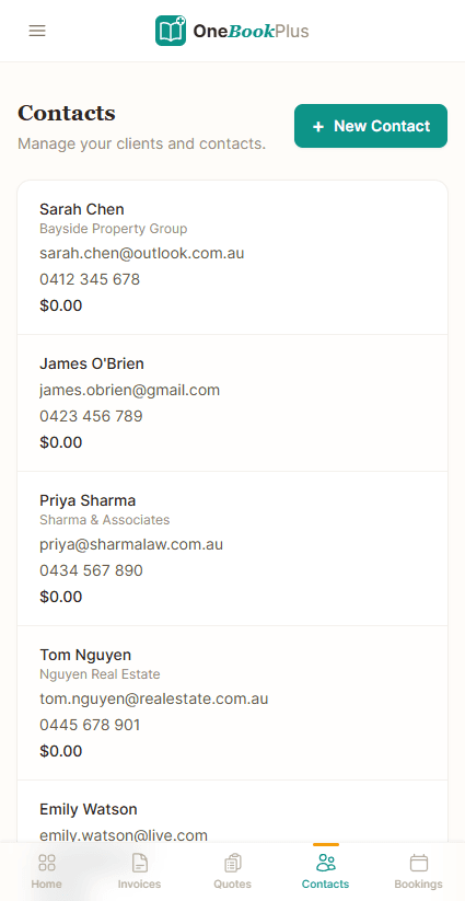 OneBookPlus contact list on a phone showing each client's name, their business, their email address, their mobile number and the balance they owe