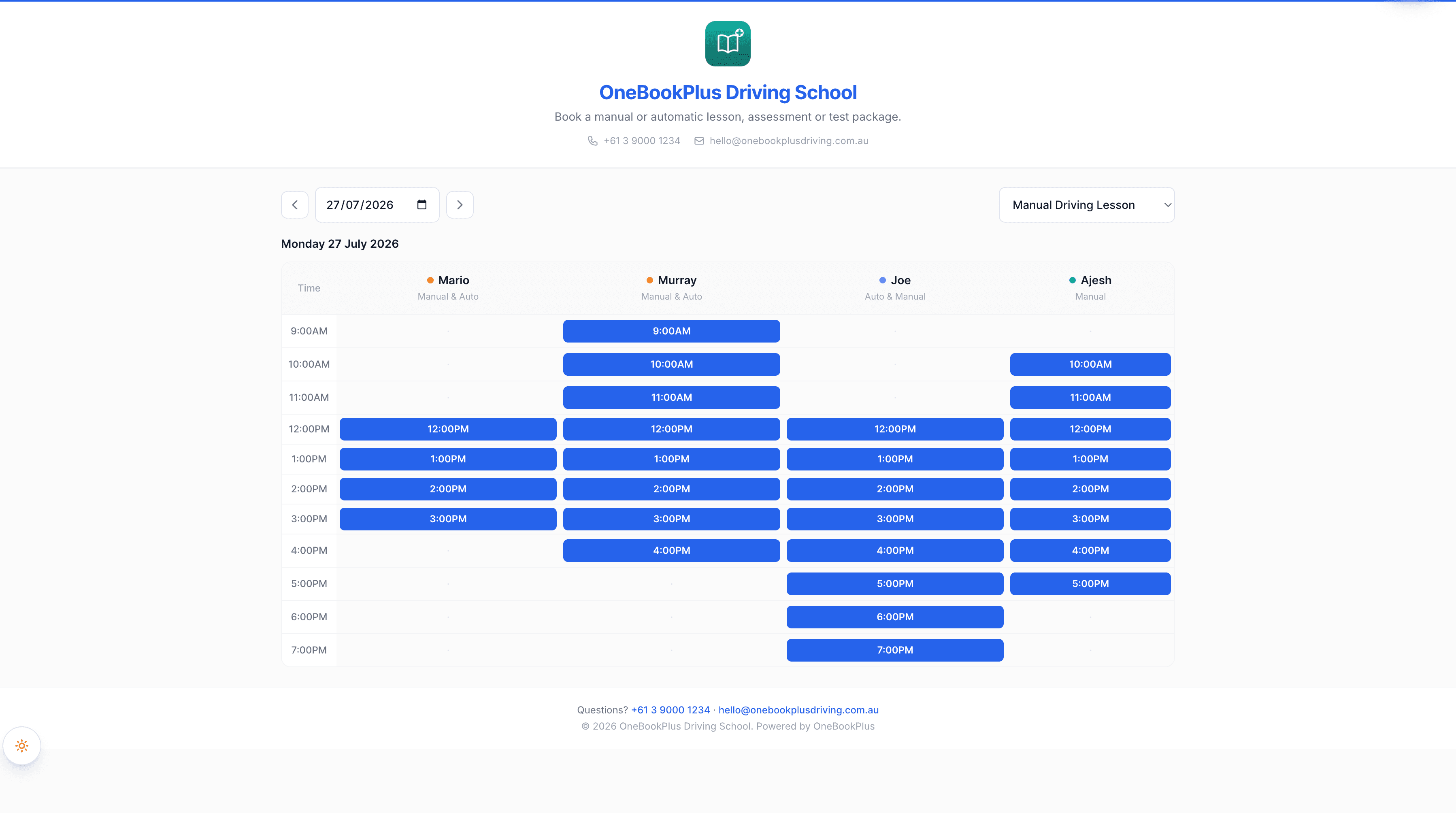 A driving school's public booking page in OneBookPlus: four instructors' columns with bookable lesson slots
