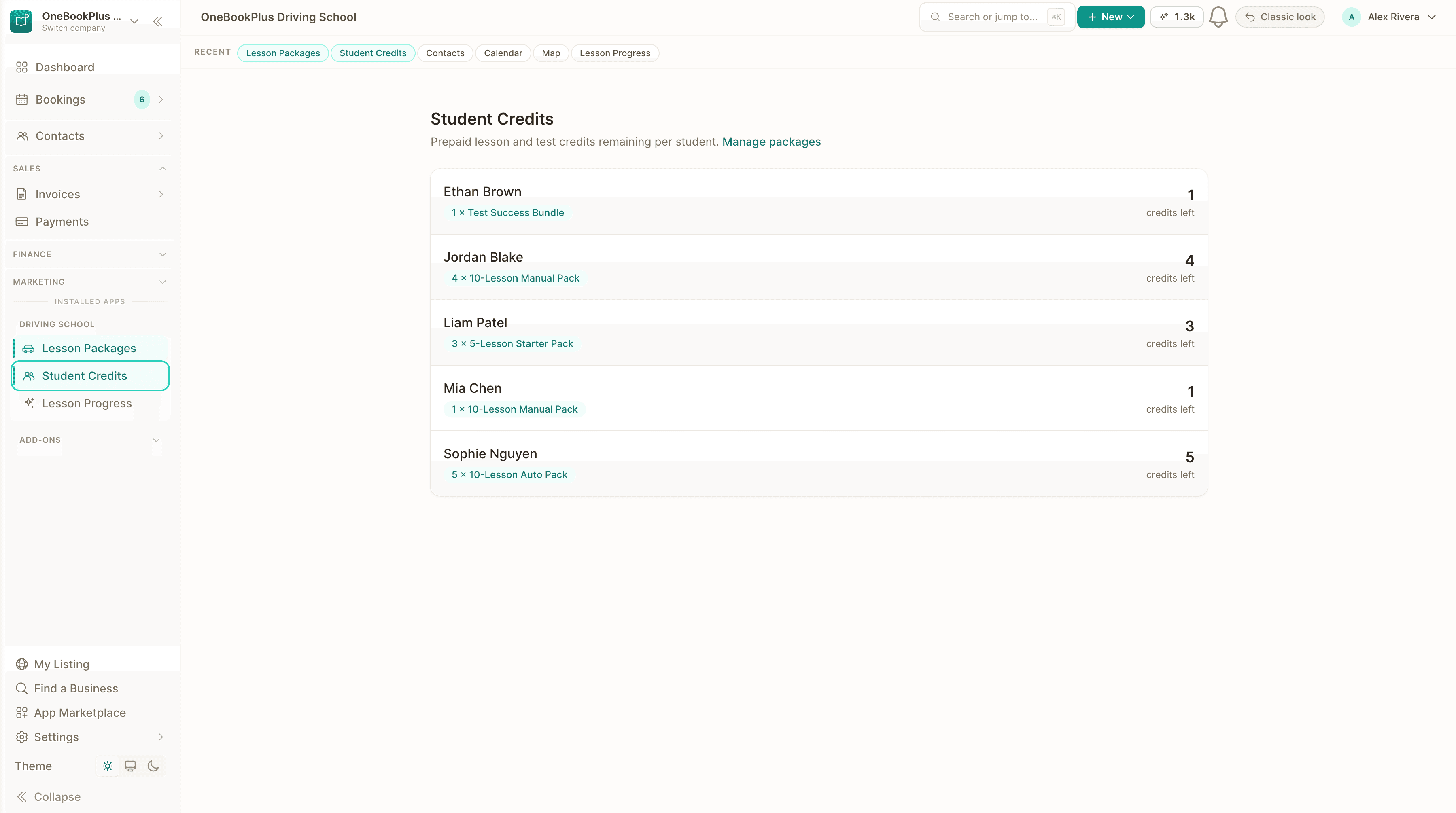 The prepaid lesson credit ledger for a student in OneBookPlus