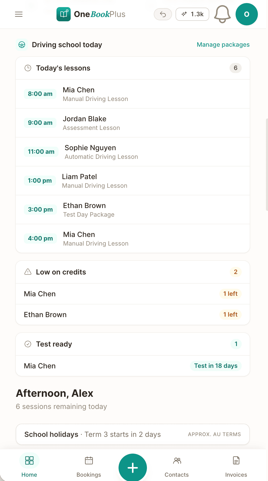 The driving school today panel in the OneBookPlus app
