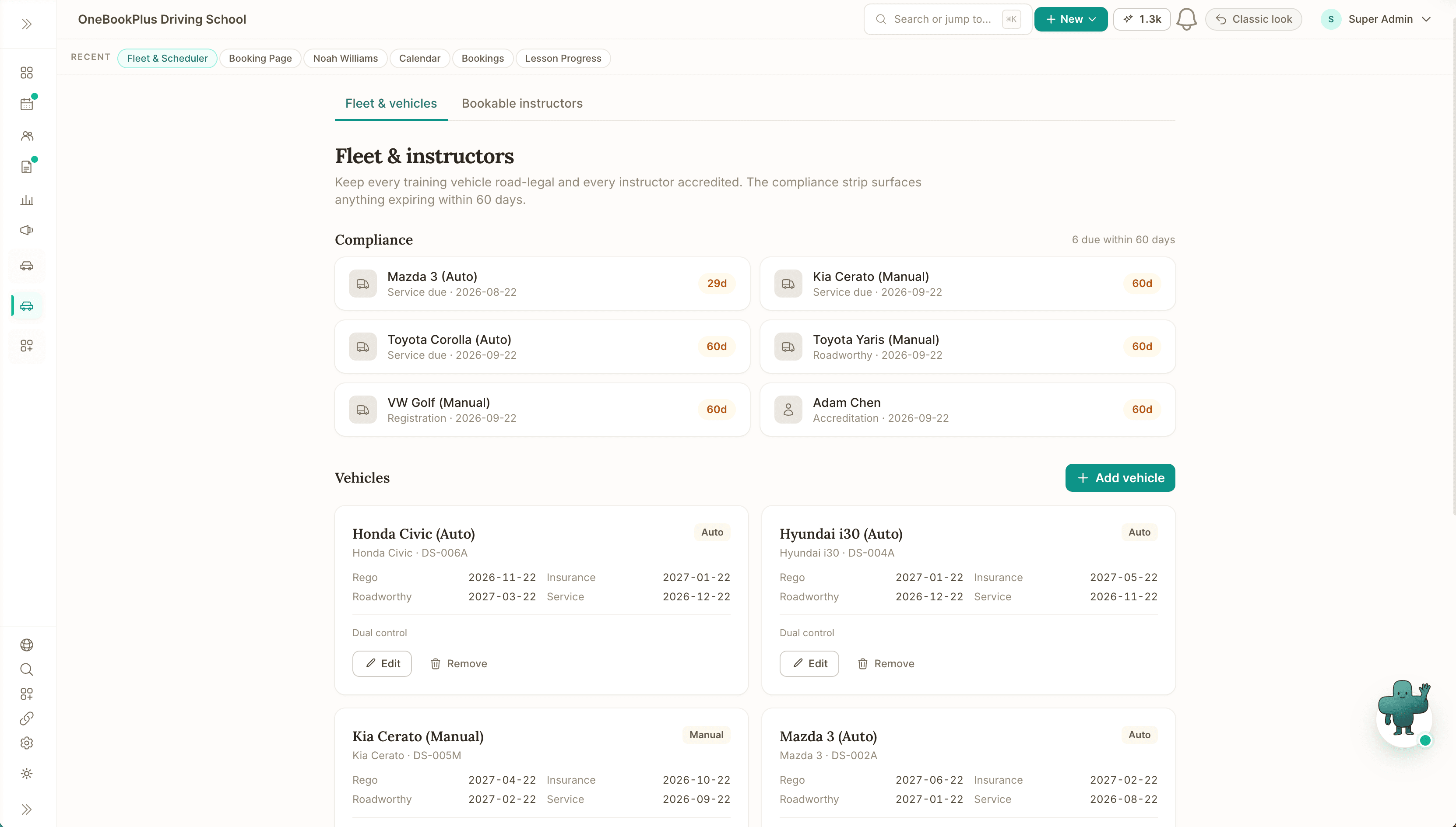 Fleet and instructor compliance in OneBookPlus: service, roadworthy, rego and accreditation expiry warnings
