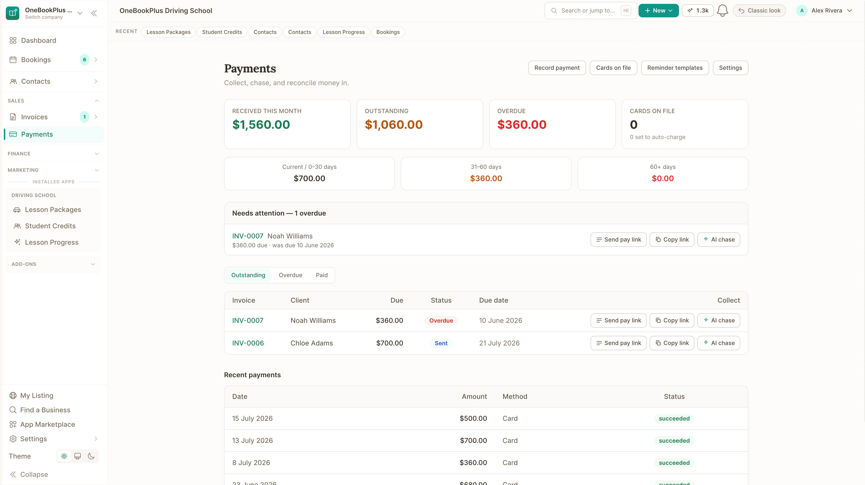 Package payments reconciling against their invoices in OneBookPlus