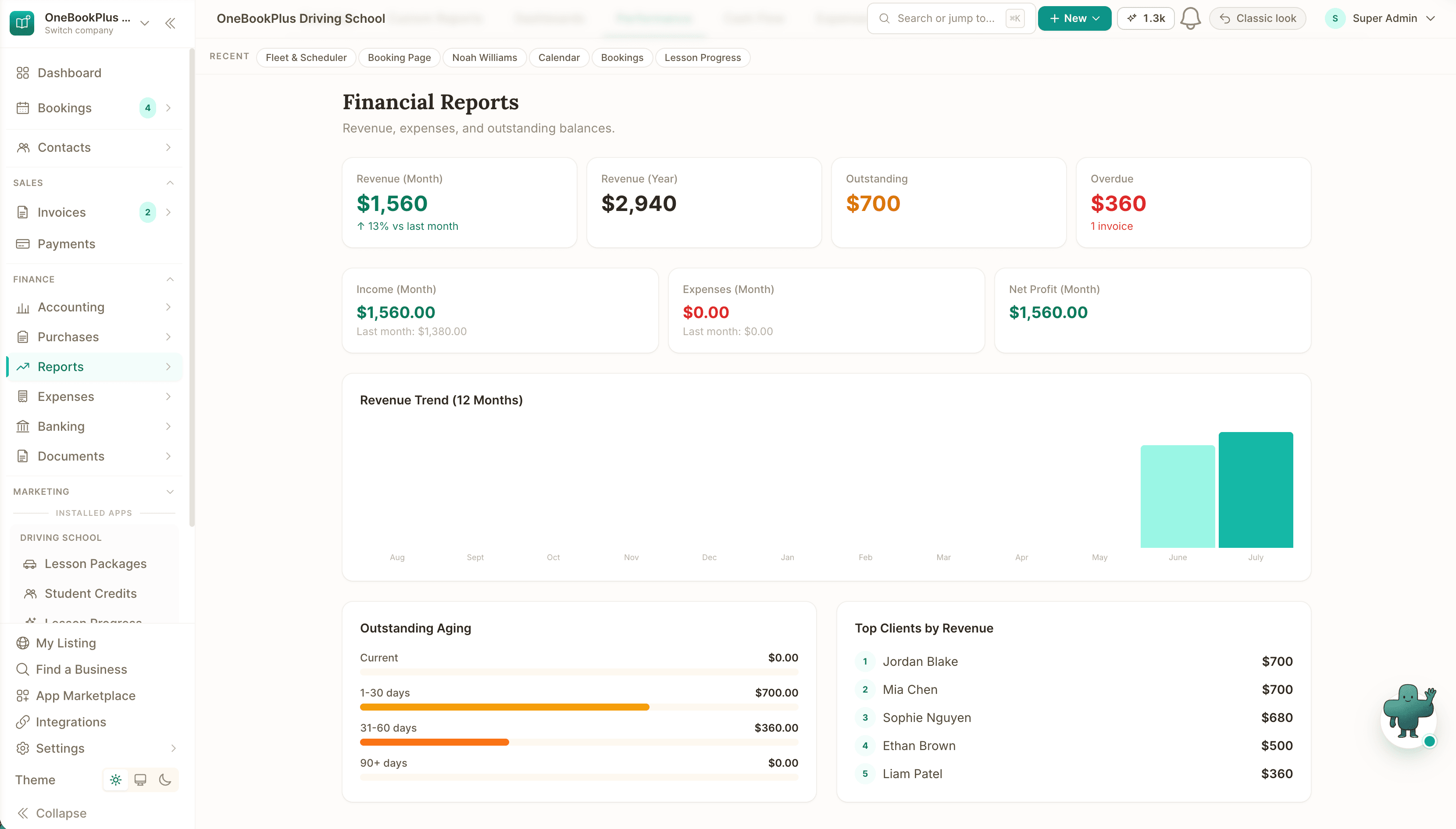 Financial reports for a driving school in OneBookPlus: revenue, outstanding aging and top clients
