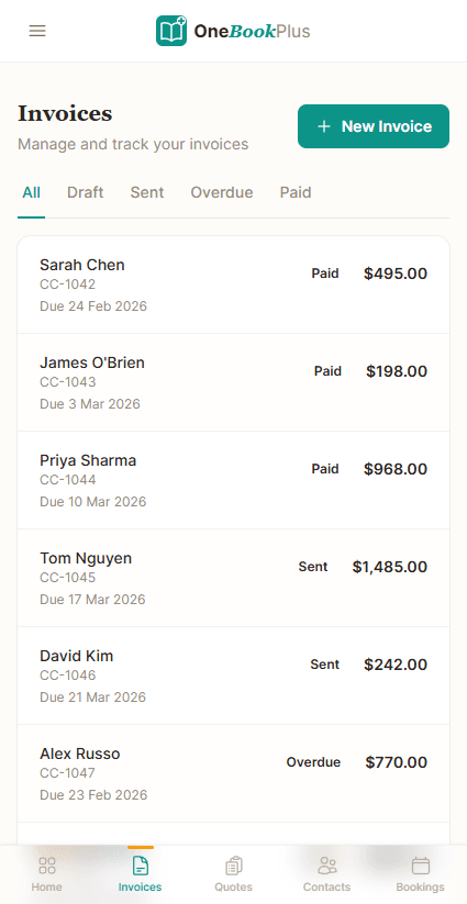 OneBookPlus invoice list on a phone showing six invoices with the client name, invoice number, due date, a paid, sent or overdue status and the amount, with All, Draft, Sent, Overdue and Paid filters and a New Invoice button