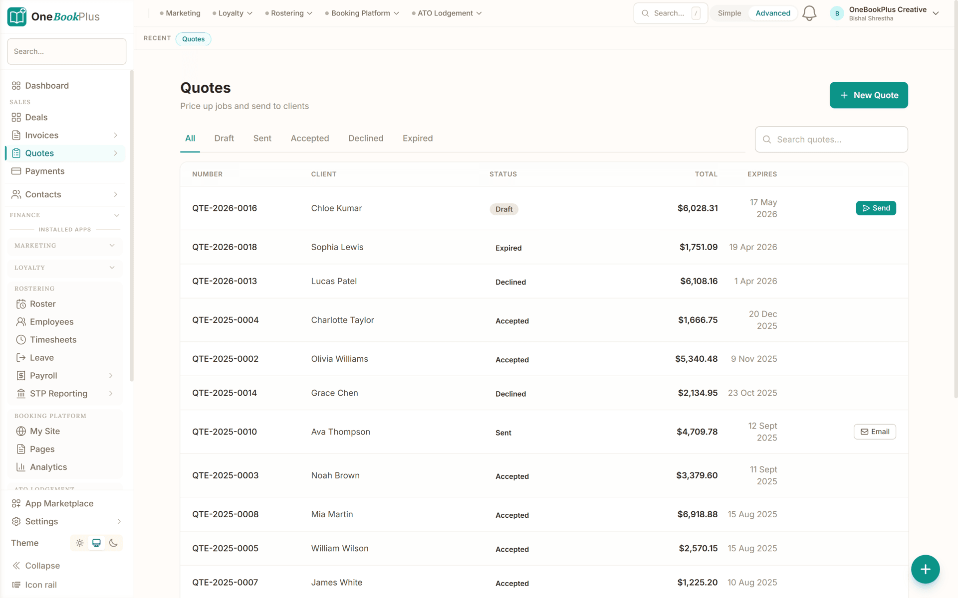 OneBookPlus quote list showing draft, sent, accepted, declined and expired statuses