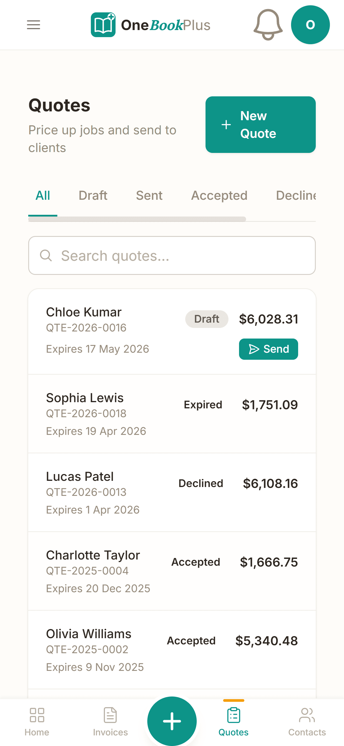 The quotes list in the OneBookPlus iPhone app, showing draft, sent, accepted and declined quotes
