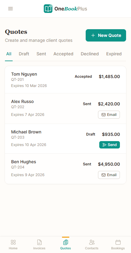 OneBookPlus quote list on a phone showing four quotes with the client name, quote number, expiry date, an accepted, sent or draft status and the amount, with Send and Email actions on the unsent ones