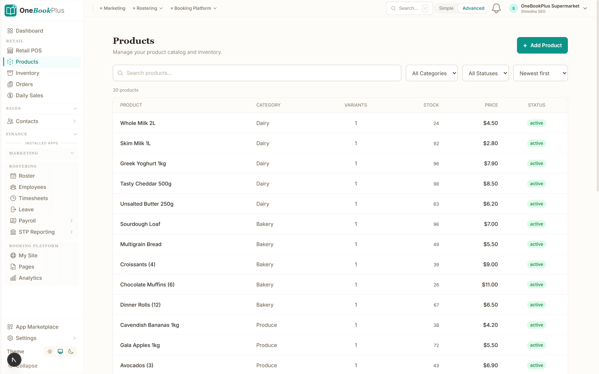 Product catalogue showing categories, GST-inclusive prices and stock counts