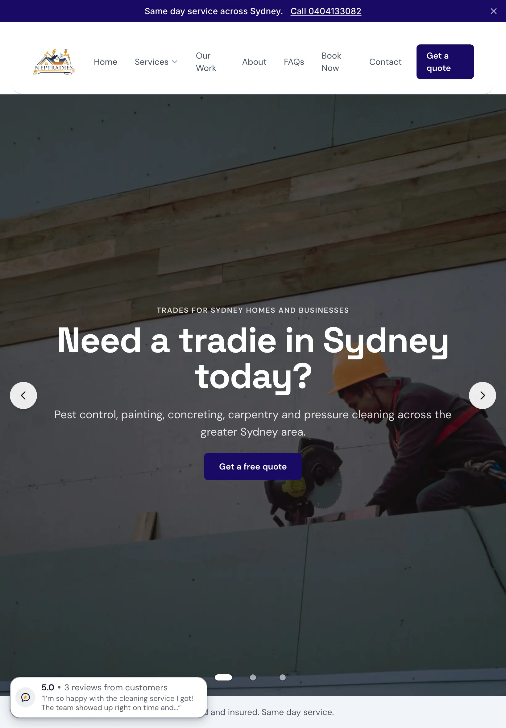 The Nep Tradies home page on a tablet: the same navy same day service bar across the top, the same hero photo and the same first slide, with the menu wrapping to two lines above it, the heading Need a tradie in Sydney today? over two lines, the line of trades, the Get a free quote button, the arrows and dots, and the review badge at the foot of the screen