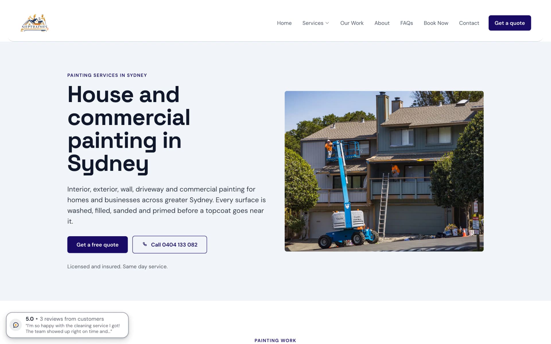 The Nep Tradies painting page on a desktop: the eyebrow Painting services in Sydney and the heading House and commercial painting in Sydney on the left above a paragraph about washing, filling, sanding and priming, a Get a free quote button and a call button carrying the business's phone number, and a framed photo of painters on a boom lift beside a two storey house on the right, with the start of a Painting work section below
