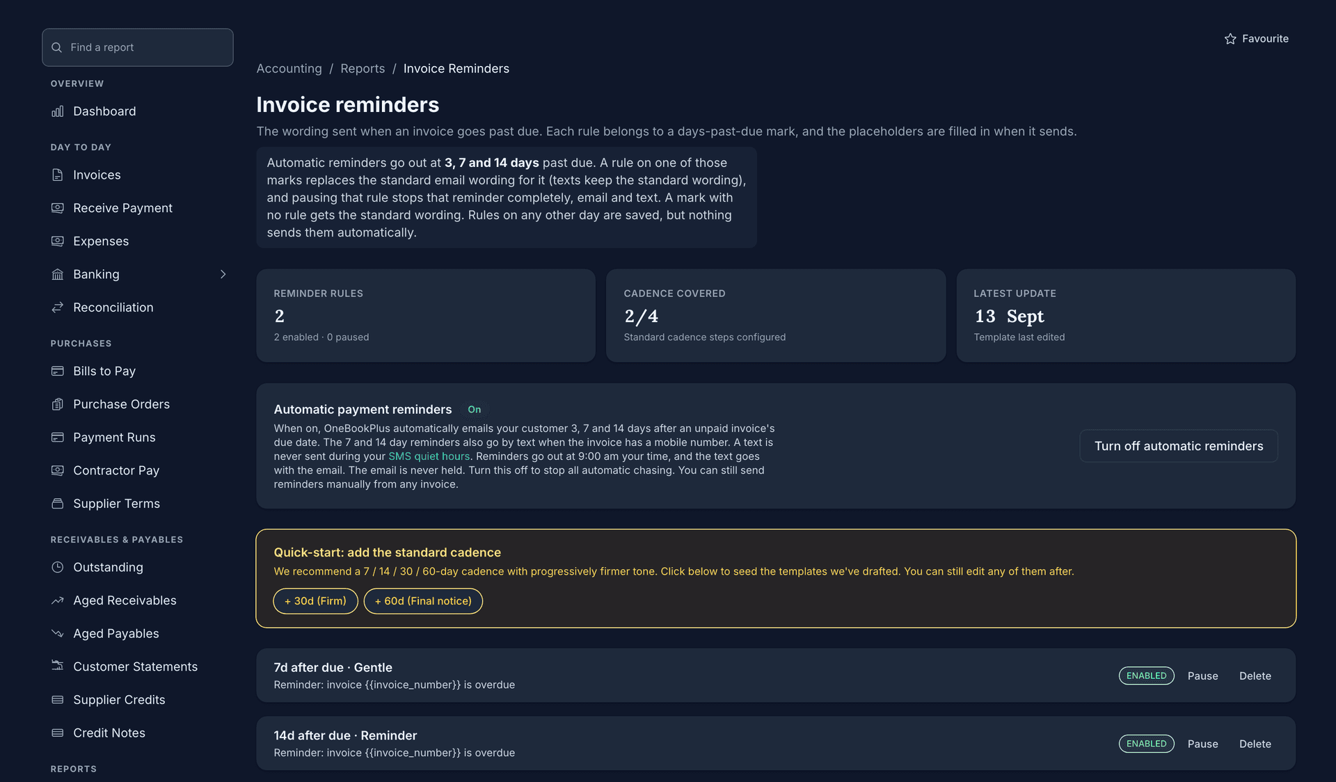 Invoice reminders for OneBookPlus Plumbing: automatic payment reminders switched on, the 7 and 14 day rules enabled, and the note that reminders go out at 9:00 am in the business's own time.