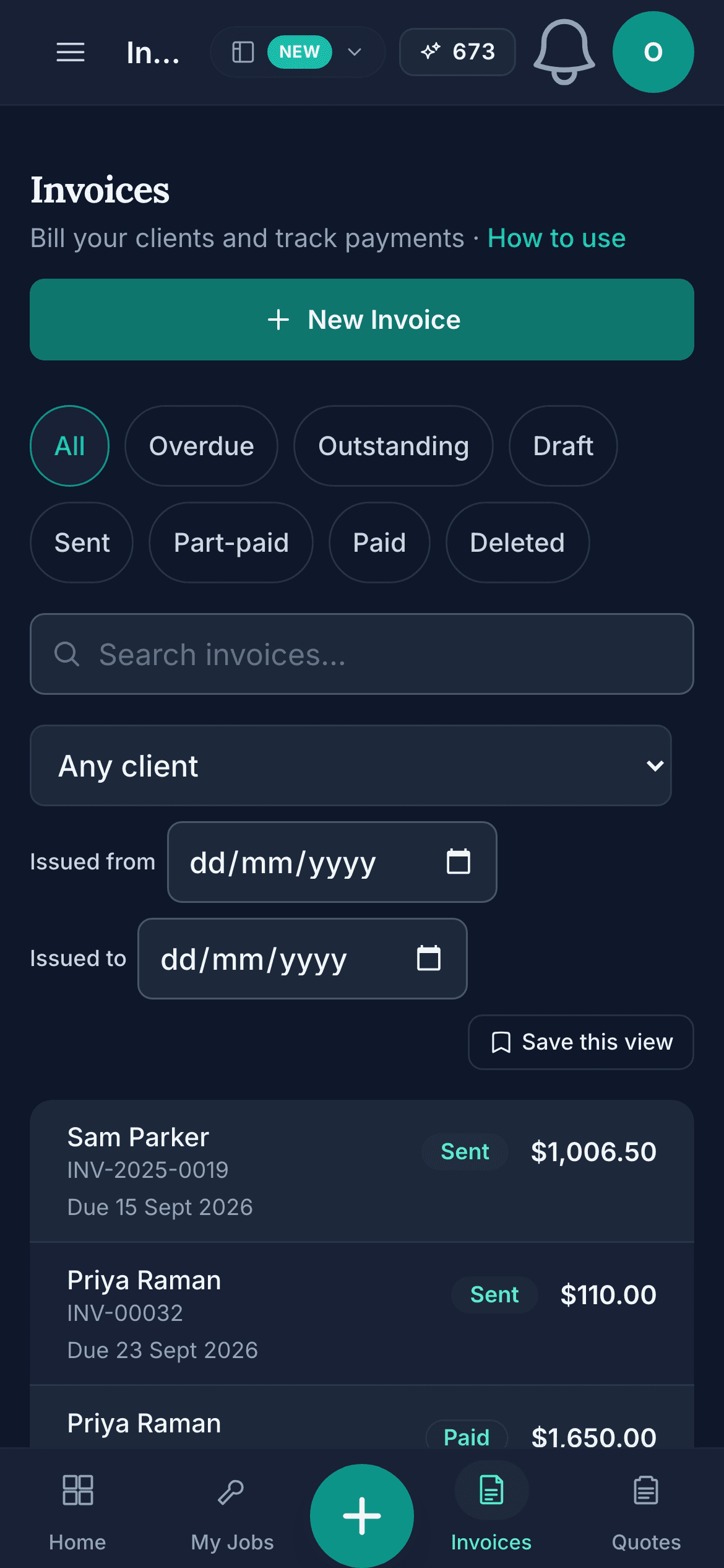 Invoices on a phone: the New Invoice button, the status chips from All to Deleted, search and the client and date filters, then the first invoices, one Sent for $1,006.50 and two Paid, with their due dates.