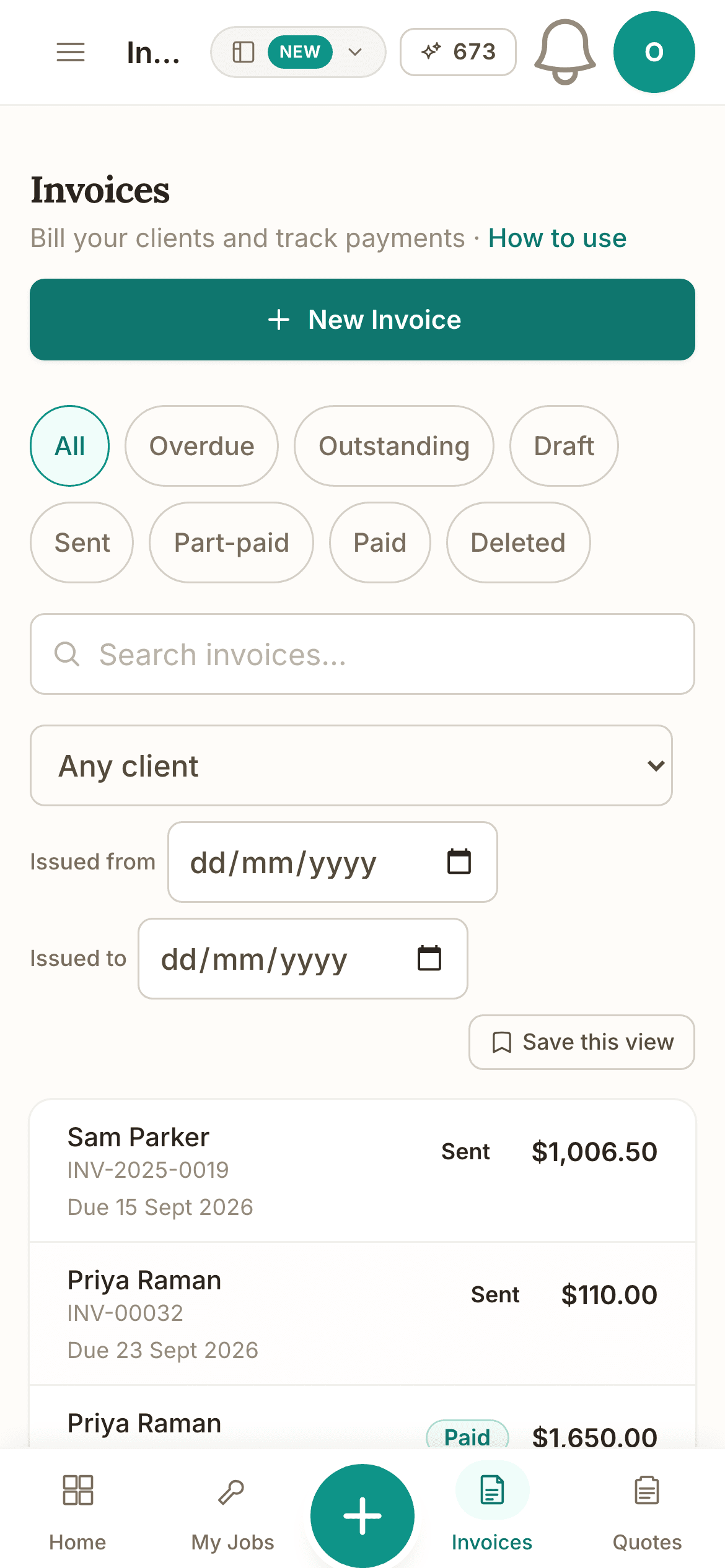 Invoices on a phone: the New Invoice button, the status chips from All to Deleted, search and the client and date filters, then the first invoices, one Sent for $1,006.50 and two Paid, with their due dates.