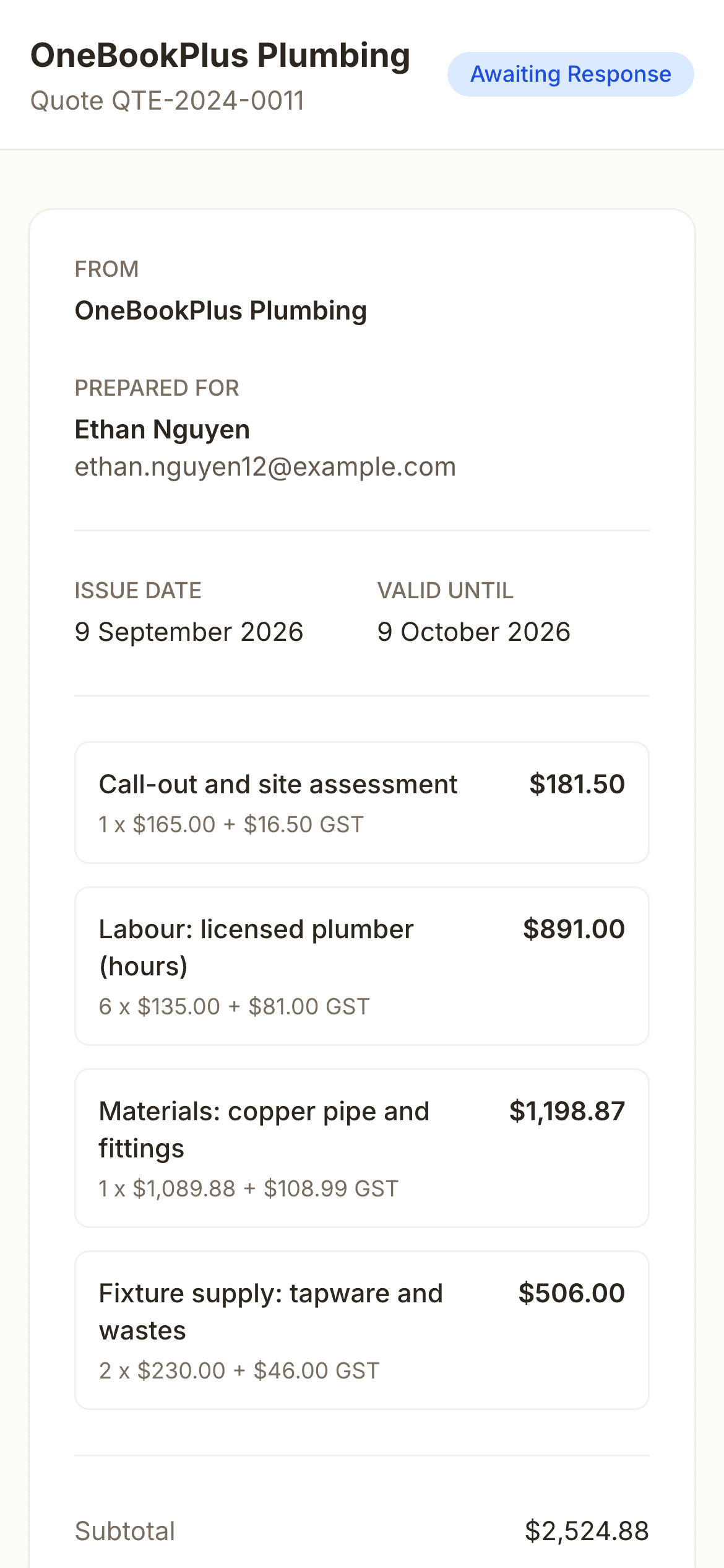 The client's view of quote QTE-2024-0011 on a phone: OneBookPlus Plumbing at the top with the status Awaiting Response, prepared for Ethan Nguyen, the issue and valid-until dates, the four lines each with its quantity, unit price and GST, and the subtotal of $2,524.88.