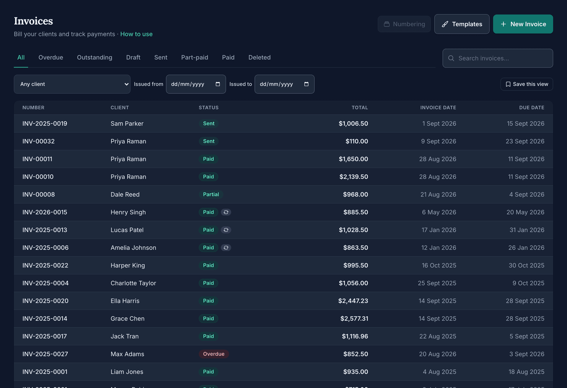 The invoices list: the Numbering, Templates and New Invoice buttons, the status tabs, the client and issued-date filters with Save this view, and rows showing a Sent invoice, Paid invoices, a Partial one and an Overdue one with their totals and dates.