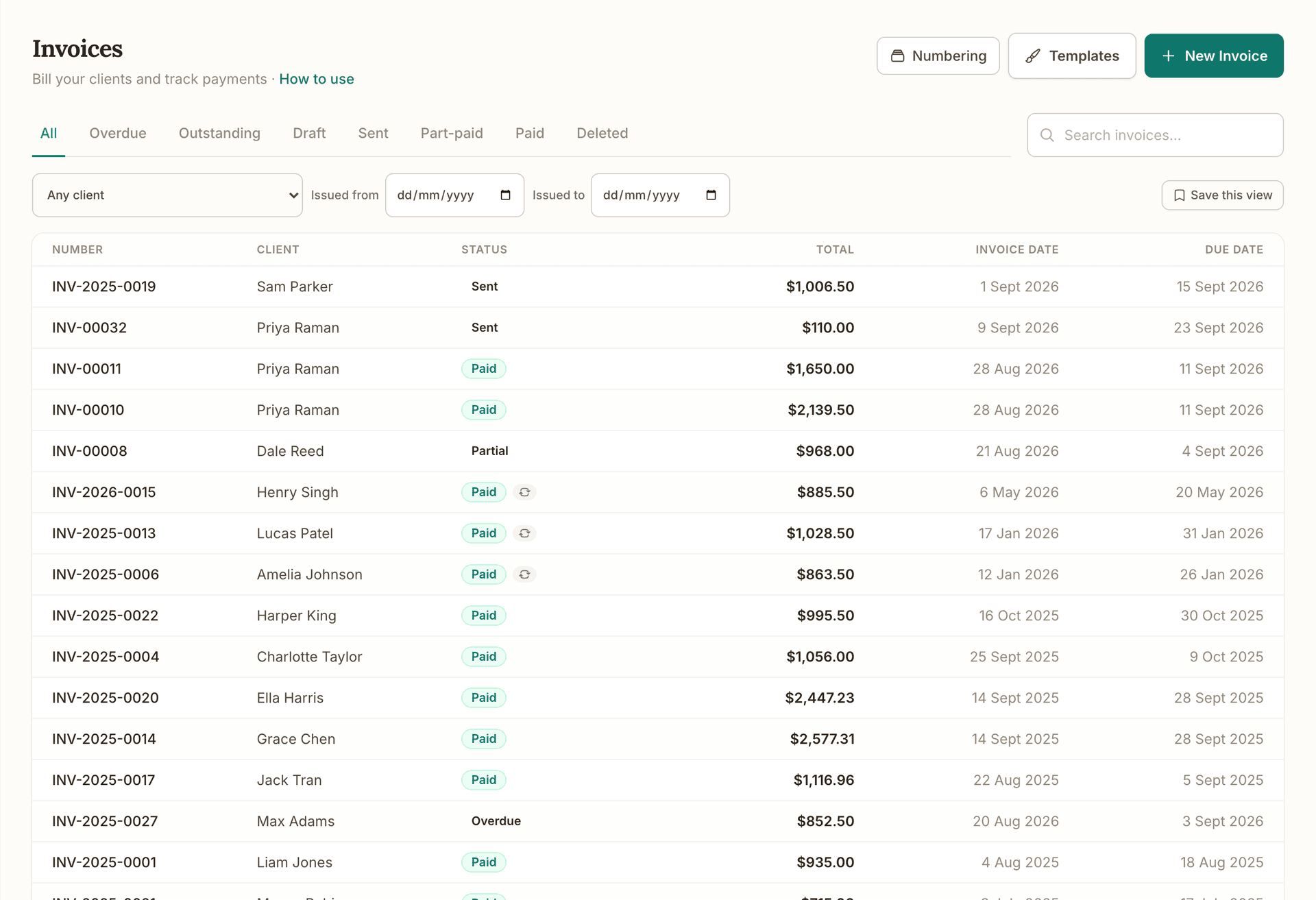 The invoices list: the Numbering, Templates and New Invoice buttons, the status tabs, the client and issued-date filters with Save this view, and rows showing a Sent invoice, Paid invoices, a Partial one and an Overdue one with their totals and dates.