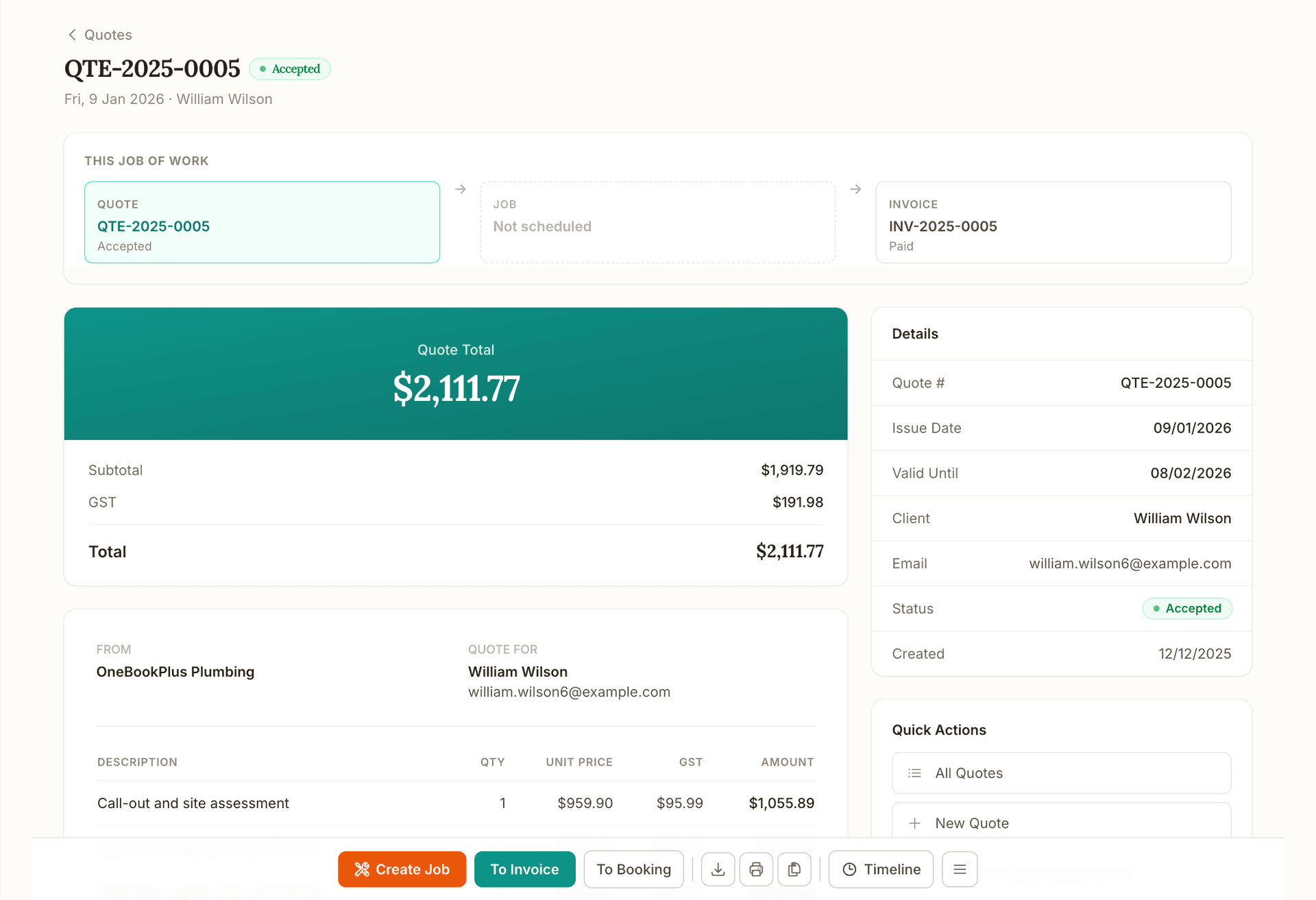 An accepted quote, QTE-2025-0005 for William Wilson, with the job-of-work strip linking it to its invoice, the quote total with GST and the Create Job, To Invoice and To Booking actions.