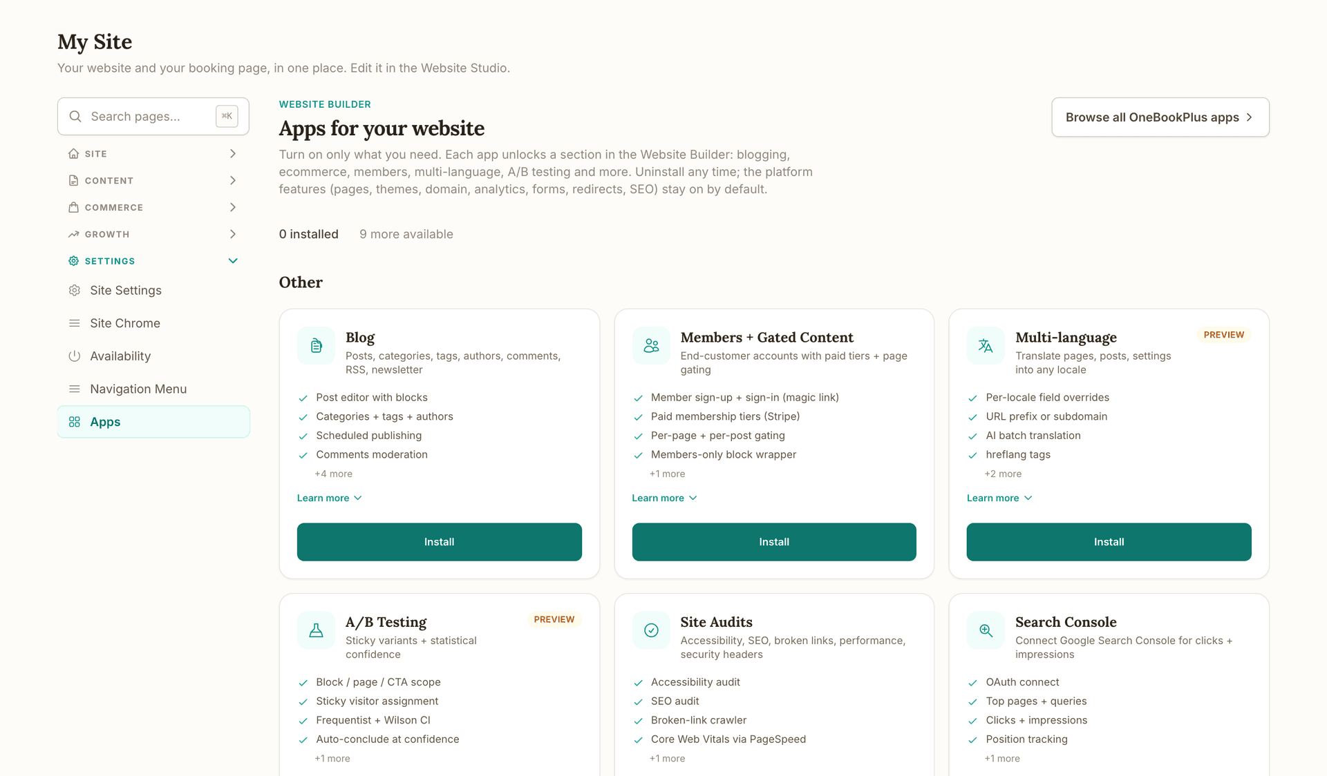 My Site, Apps for your website: the Blog, Members + Gated Content, Multi-language, A/B Testing, Site Audits and Search Console cards, each with four of its features ticked, a Learn more link and an Install button.