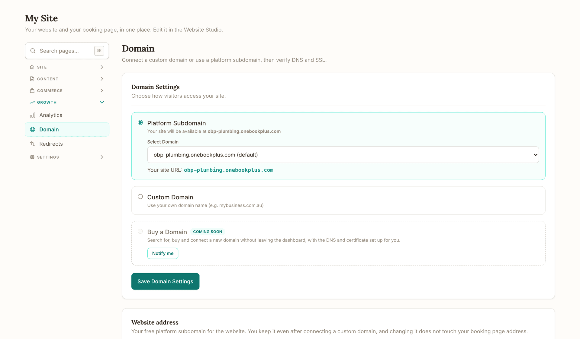 My Site, Domain: the Platform Subdomain option selected with the site at obp-plumbing.onebookplus.com, the Custom Domain option for the business's own domain name, the Save Domain Settings button and the Website address section beneath.