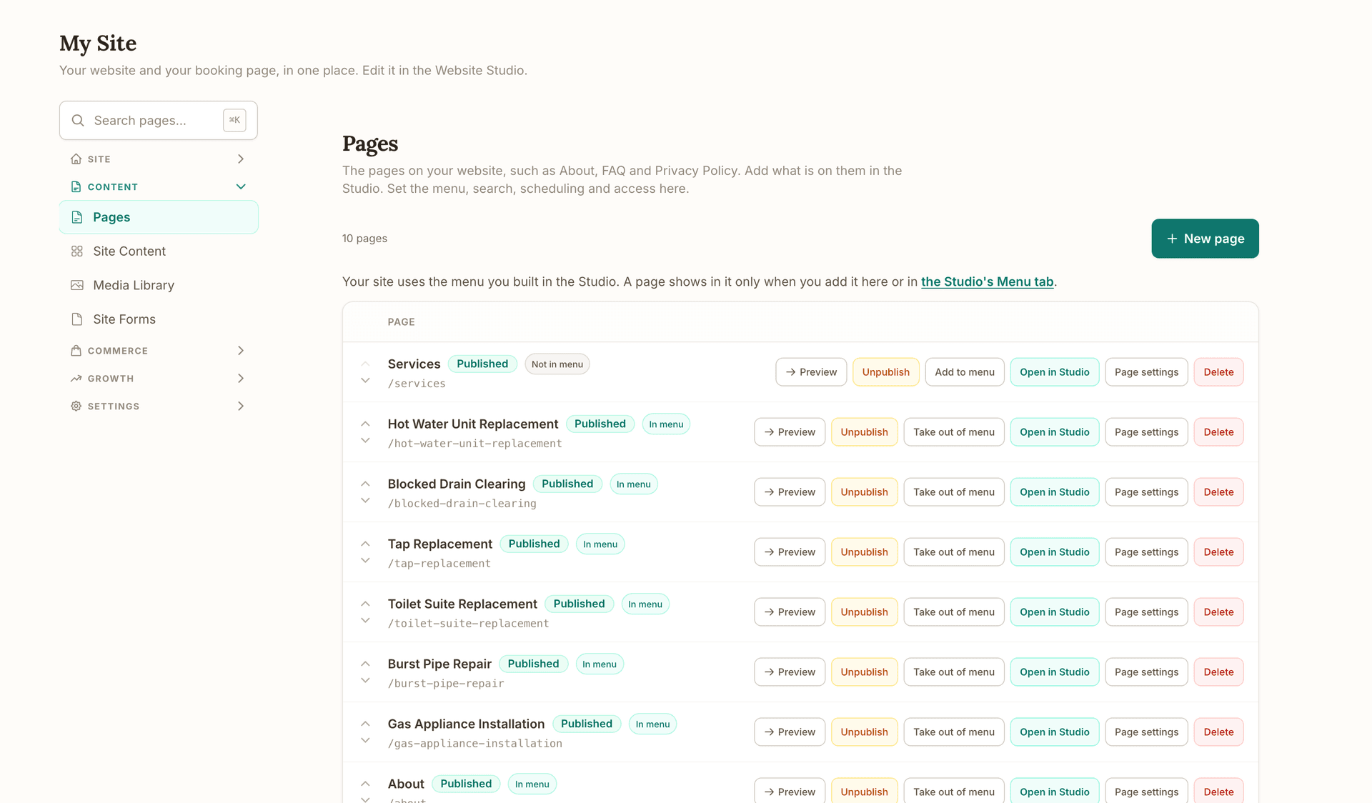 My Site, Pages: 10 pages, the New page button, and each page with its Published tag, whether it is in the menu, its address, and the Preview, Unpublish, menu, Open in Studio, Page settings and Delete actions.