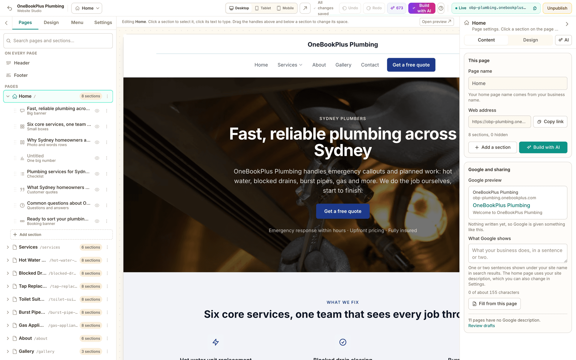 The Website Studio with the OneBookPlus Plumbing site open: the Home page switcher, Desktop, Tablet and Mobile views, Undo and Redo, Build with AI, the live address and Unpublish across the top, the Pages rail listing the home page's 8 sections and the other pages on the left, the home page hero on the canvas, and the page settings with the Google preview on the right.