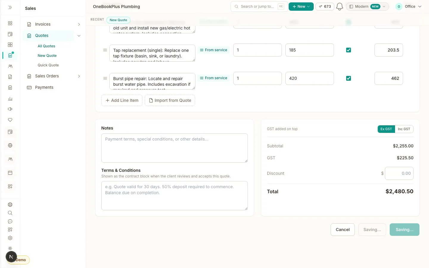 Creating a quote for Ethan Nguyen: the client is picked from contacts, three priced lines are added from the saved catalog with one tap each (a hot water unit replacement, a tap replacement and a burst pipe repair), the GST and total update as they land, and Save as Draft opens the finished quote.
